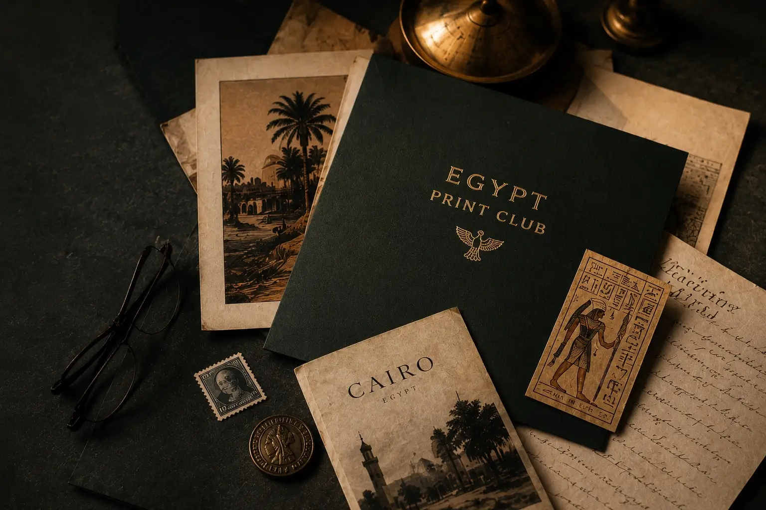 Egypt Print Club envelope and archival prints on a dark table