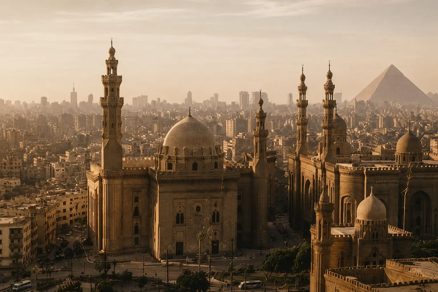 Cairo skyline with historic domes, minarets, and the pyramids in warm haze